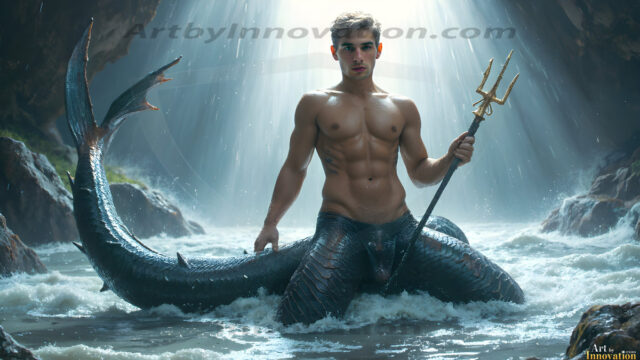 AI-generated HD photos featuring Mermen, The Warriors of the Sea. A collection of over 1,000 AI generated photo images of Mermen Warriors. Shirtless men from all age groups, with slim builds to hot and sexy, muscular body types, and from teenaged boys, to young men, to the handsome Elders. Merman warriors rising from a whirlpool, with a trident in hand, set against a stormy backdrop with dramatic lighting. Vibrant coral reefs, with detailed underwater scenes, highly realistic, with obsidian scales, that shimmer in the sunlight.