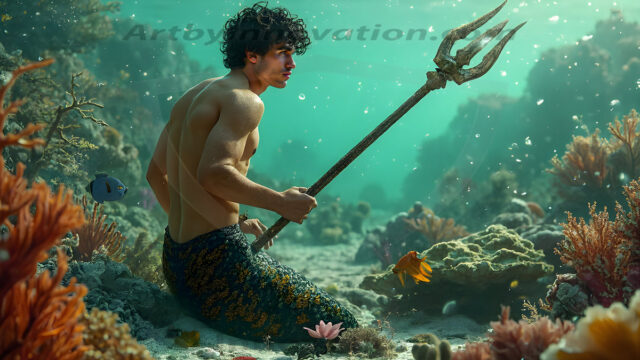 AI-generated HD photos featuring Mermen, The Warriors of the Sea. A collection of over 1,000 AI generated photo images of Mermen Warriors. Shirtless men from all age groups, with slim builds to hot and sexy, muscular body types, and from teenaged boys, to young men, to the handsome Elders. Merman warriors rising from a whirlpool, with a trident in hand, set against a stormy backdrop with dramatic lighting. Vibrant coral reefs, with detailed underwater scenes, highly realistic, with obsidian scales, that shimmer in the sunlight.