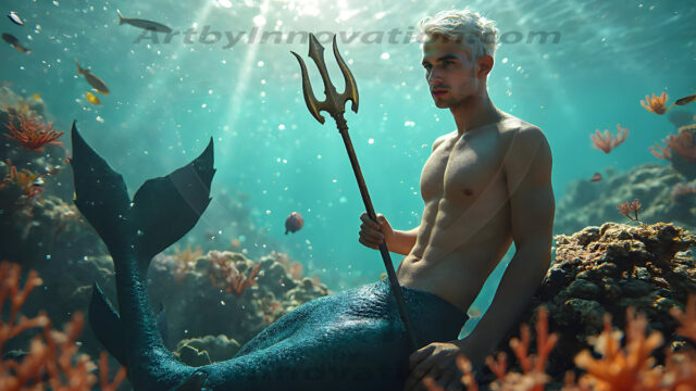 AI-generated HD photos featuring Mermen, The Warriors of the Sea. A collection of over 1,000 AI generated photo images of Mermen Warriors. Shirtless men from all age groups, with slim builds to hot and sexy, muscular body types, and from teenaged boys, to young men, to the handsome Elders. Merman warriors rising from a whirlpool, with a trident in hand, set against a stormy backdrop with dramatic lighting. Vibrant coral reefs, with detailed underwater scenes, highly realistic, with obsidian scales, that shimmer in the sunlight.