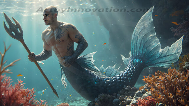 AI-generated HD photos featuring Mermen, The Warriors of the Sea. A collection of over 1,000 AI generated photo images of Mermen Warriors. Shirtless men from all age groups, with slim builds to hot and sexy, muscular body types, and from teenaged boys, to young men, to the handsome Elders. Merman warriors rising from a whirlpool, with a trident in hand, set against a stormy backdrop with dramatic lighting. Vibrant coral reefs, with detailed underwater scenes, highly realistic, with obsidian scales, that shimmer in the sunlight.