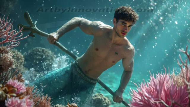 AI-generated HD photos featuring Mermen, The Warriors of the Sea. A collection of over 1,000 AI generated photo images of Mermen Warriors. Shirtless men from all age groups, with slim builds to hot and sexy, muscular body types, and from teenaged boys, to young men, to the handsome Elders. Merman warriors rising from a whirlpool, with a trident in hand, set against a stormy backdrop with dramatic lighting. Vibrant coral reefs, with detailed underwater scenes, highly realistic, with obsidian scales, that shimmer in the sunlight.