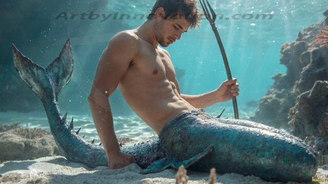 AI-generated HD photos featuring Mermen, The Warriors of the Sea. A collection of over 1,000 AI generated photo images of Mermen Warriors. Shirtless men from all age groups, with slim builds to hot and sexy, muscular body types, and from teenaged boys, to young men, to the handsome Elders. Merman warriors rising from a whirlpool, with a trident in hand, set against a stormy backdrop with dramatic lighting. Vibrant coral reefs, with detailed underwater scenes, highly realistic, with obsidian scales, that shimmer in the sunlight.