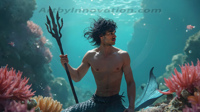 AI-generated HD photos featuring Mermen, The Warriors of the Sea. A collection of over 1,000 AI generated photo images of Mermen Warriors. Shirtless men from all age groups, with slim builds to hot and sexy, muscular body types, and from teenaged boys, to young men, to the handsome Elders. Merman warriors rising from a whirlpool, with a trident in hand, set against a stormy backdrop with dramatic lighting. Vibrant coral reefs, with detailed underwater scenes, highly realistic, with obsidian scales, that shimmer in the sunlight.