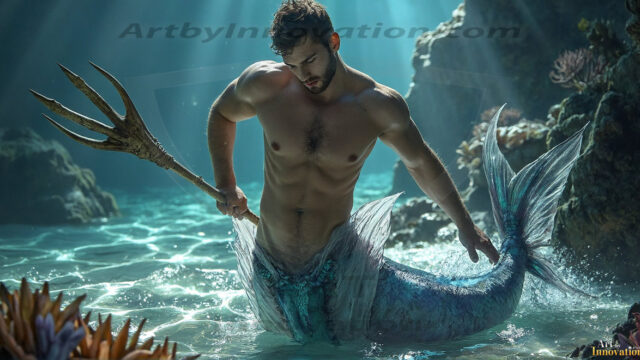 AI-generated HD photos featuring Mermen, The Warriors of the Sea. A collection of over 1,000 AI generated photo images of Mermen Warriors. Shirtless men from all age groups, with slim builds to hot and sexy, muscular body types, and from teenaged boys, to young men, to the handsome Elders. Merman warriors rising from a whirlpool, with a trident in hand, set against a stormy backdrop with dramatic lighting. Vibrant coral reefs, with detailed underwater scenes, highly realistic, with obsidian scales, that shimmer in the sunlight.