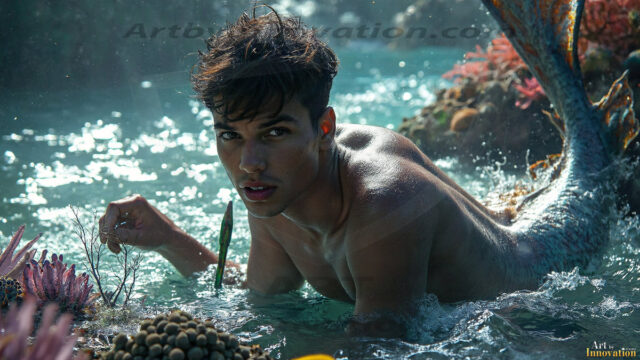 AI-generated HD photos featuring Mermen, The Warriors of the Sea. A collection of over 1,000 AI generated photo images of Mermen Warriors. Shirtless men from all age groups, with slim builds to hot and sexy, muscular body types, and from teenaged boys, to young men, to the handsome Elders. Merman warriors rising from a whirlpool, with a trident in hand, set against a stormy backdrop with dramatic lighting. Vibrant coral reefs, with detailed underwater scenes, highly realistic, with obsidian scales, that shimmer in the sunlight.