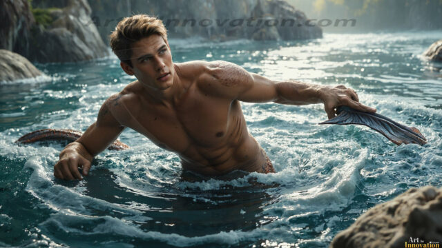 AI-generated HD photos featuring Mermen, The Warriors of the Sea. A collection of over 1,000 AI generated photo images of Mermen Warriors. Shirtless men from all age groups, with slim builds to hot and sexy, muscular body types, and from teenaged boys, to young men, to the handsome Elders. Merman warriors rising from a whirlpool, with a trident in hand, set against a stormy backdrop with dramatic lighting. Vibrant coral reefs, with detailed underwater scenes, highly realistic, with obsidian scales, that shimmer in the sunlight.