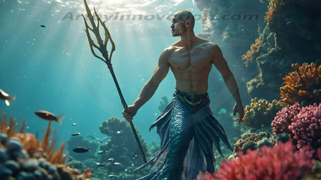 AI-generated HD photos featuring Mermen, The Warriors of the Sea. A collection of over 1,000 AI generated photo images of Mermen Warriors. Shirtless men from all age groups, with slim builds to hot and sexy, muscular body types, and from teenaged boys, to young men, to the handsome Elders. Merman warriors rising from a whirlpool, with a trident in hand, set against a stormy backdrop with dramatic lighting. Vibrant coral reefs, with detailed underwater scenes, highly realistic, with obsidian scales, that shimmer in the sunlight.