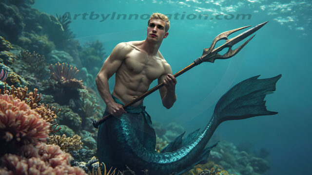 AI-generated HD photos featuring Mermen, The Warriors of the Sea. A collection of over 1,000 AI generated photo images of Mermen Warriors. Shirtless men from all age groups, with slim builds to hot and sexy, muscular body types, and from teenaged boys, to young men, to the handsome Elders. Merman warriors rising from a whirlpool, with a trident in hand, set against a stormy backdrop with dramatic lighting. Vibrant coral reefs, with detailed underwater scenes, highly realistic, with obsidian scales, that shimmer in the sunlight.