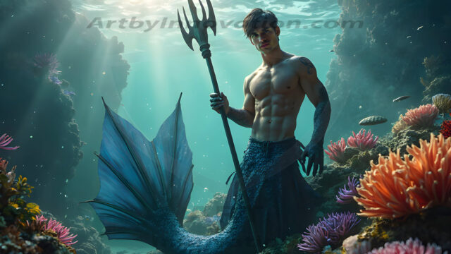 AI-generated HD photos featuring Mermen, The Warriors of the Sea. A collection of over 1,000 AI generated photo images of Mermen Warriors. Shirtless men from all age groups, with slim builds to hot and sexy, muscular body types, and from teenaged boys, to young men, to the handsome Elders. Merman warriors rising from a whirlpool, with a trident in hand, set against a stormy backdrop with dramatic lighting. Vibrant coral reefs, with detailed underwater scenes, highly realistic, with obsidian scales, that shimmer in the sunlight.
