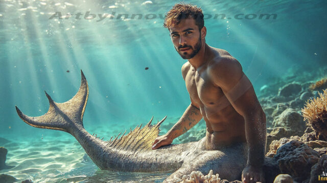 AI-generated HD photos featuring Mermen, The Warriors of the Sea. A collection of over 1,000 AI generated photo images of Mermen Warriors. Shirtless men from all age groups, with slim builds to hot and sexy, muscular body types, and from teenaged boys, to young men, to the handsome Elders. Merman warriors rising from a whirlpool, with a trident in hand, set against a stormy backdrop with dramatic lighting. Vibrant coral reefs, with detailed underwater scenes, highly realistic, with obsidian scales, that shimmer in the sunlight.
