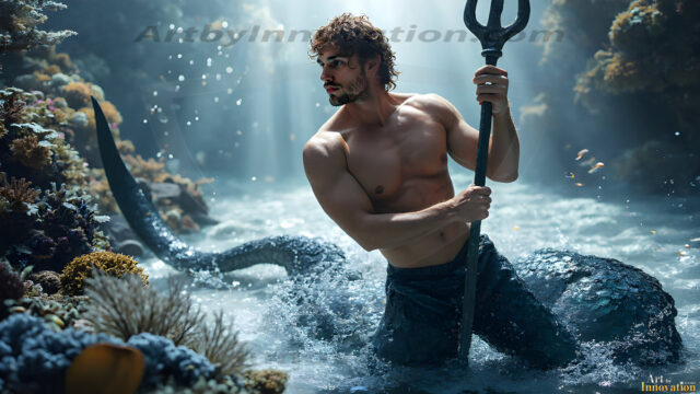 AI-generated HD photos featuring Mermen, The Warriors of the Sea. A collection of over 1,000 AI generated photo images of Mermen Warriors. Shirtless men from all age groups, with slim builds to hot and sexy, muscular body types, and from teenaged boys, to young men, to the handsome Elders. Merman warriors rising from a whirlpool, with a trident in hand, set against a stormy backdrop with dramatic lighting. Vibrant coral reefs, with detailed underwater scenes, highly realistic, with obsidian scales, that shimmer in the sunlight.