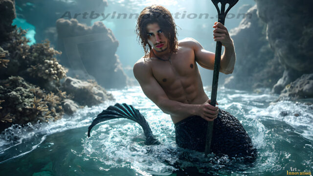 AI-generated HD photos featuring Mermen, The Warriors of the Sea. A collection of over 1,000 AI generated photo images of Mermen Warriors. Shirtless men from all age groups, with slim builds to hot and sexy, muscular body types, and from teenaged boys, to young men, to the handsome Elders. Merman warriors rising from a whirlpool, with a trident in hand, set against a stormy backdrop with dramatic lighting. Vibrant coral reefs, with detailed underwater scenes, highly realistic, with obsidian scales, that shimmer in the sunlight.