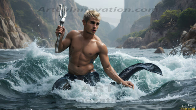 AI-generated HD photos featuring Mermen, The Warriors of the Sea. A collection of over 1,000 AI generated photo images of Mermen Warriors. Shirtless men from all age groups, with slim builds to hot and sexy, muscular body types, and from teenaged boys, to young men, to the handsome Elders. Merman warriors rising from a whirlpool, with a trident in hand, set against a stormy backdrop with dramatic lighting. Vibrant coral reefs, with detailed underwater scenes, highly realistic, with obsidian scales, that shimmer in the sunlight.