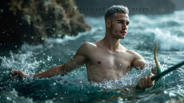 AI-generated HD photos featuring Mermen, The Warriors of the Sea. A collection of over 1,000 AI generated photo images of Mermen Warriors. Shirtless men from all age groups, with slim builds to hot and sexy, muscular body types, and from teenaged boys, to young men, to the handsome Elders. Merman warriors rising from a whirlpool, with a trident in hand, set against a stormy backdrop with dramatic lighting. Vibrant coral reefs, with detailed underwater scenes, highly realistic, with obsidian scales, that shimmer in the sunlight.