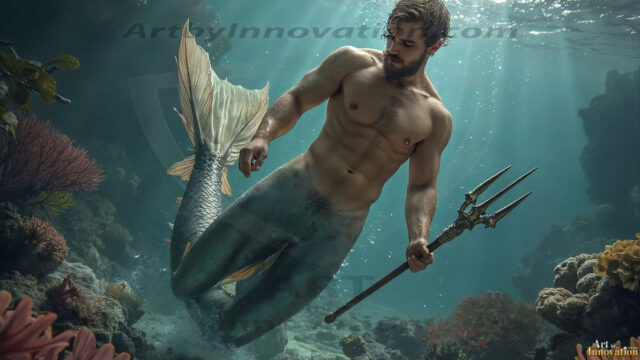 AI-generated HD photos featuring Mermen, The Warriors of the Sea. A collection of over 1,000 AI generated photo images of Mermen Warriors. Shirtless men from all age groups, with slim builds to hot and sexy, muscular body types, and from teenaged boys, to young men, to the handsome Elders. Merman warriors rising from a whirlpool, with a trident in hand, set against a stormy backdrop with dramatic lighting. Vibrant coral reefs, with detailed underwater scenes, highly realistic, with obsidian scales, that shimmer in the sunlight.