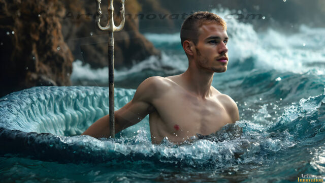 AI-generated HD photos featuring Mermen, The Warriors of the Sea. A collection of over 1,000 AI generated photo images of Mermen Warriors. Shirtless men from all age groups, with slim builds to hot and sexy, muscular body types, and from teenaged boys, to young men, to the handsome Elders. Merman warriors rising from a whirlpool, with a trident in hand, set against a stormy backdrop with dramatic lighting. Vibrant coral reefs, with detailed underwater scenes, highly realistic, with obsidian scales, that shimmer in the sunlight.