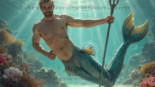 AI-generated HD photos featuring Mermen, The Warriors of the Sea. A collection of over 1,000 AI generated photo images of Mermen Warriors. Shirtless men from all age groups, with slim builds to hot and sexy, muscular body types, and from teenaged boys, to young men, to the handsome Elders. Merman warriors rising from a whirlpool, with a trident in hand, set against a stormy backdrop with dramatic lighting. Vibrant coral reefs, with detailed underwater scenes, highly realistic, with obsidian scales, that shimmer in the sunlight.