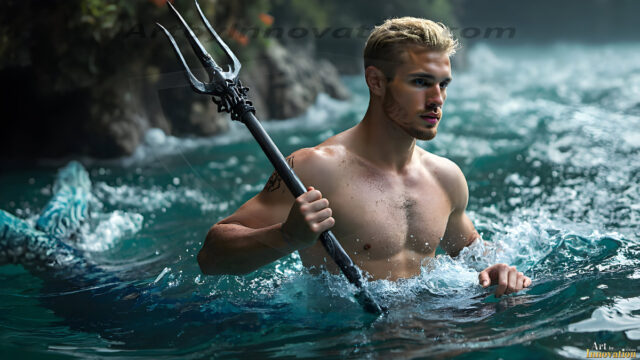 AI-generated HD photos featuring Mermen, The Warriors of the Sea. A collection of over 1,000 AI generated photo images of Mermen Warriors. Shirtless men from all age groups, with slim builds to hot and sexy, muscular body types, and from teenaged boys, to young men, to the handsome Elders. Merman warriors rising from a whirlpool, with a trident in hand, set against a stormy backdrop with dramatic lighting. Vibrant coral reefs, with detailed underwater scenes, highly realistic, with obsidian scales, that shimmer in the sunlight.