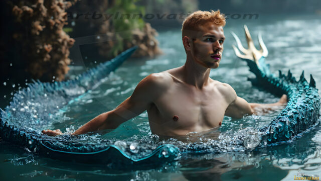 AI-generated HD photos featuring Mermen, The Warriors of the Sea. A collection of over 1,000 AI generated photo images of Mermen Warriors. Shirtless men from all age groups, with slim builds to hot and sexy, muscular body types, and from teenaged boys, to young men, to the handsome Elders. Merman warriors rising from a whirlpool, with a trident in hand, set against a stormy backdrop with dramatic lighting. Vibrant coral reefs, with detailed underwater scenes, highly realistic, with obsidian scales, that shimmer in the sunlight.
