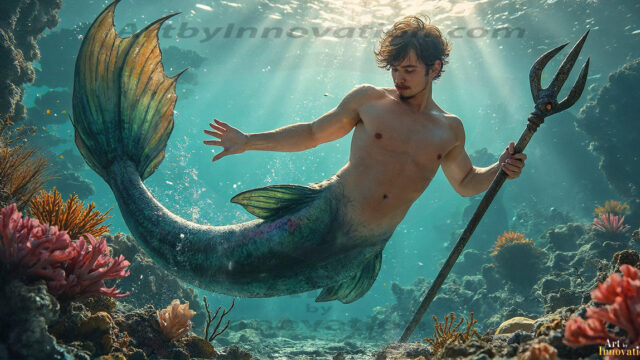 AI-generated HD photos featuring Mermen, The Warriors of the Sea. A collection of over 1,000 AI generated photo images of Mermen Warriors. Shirtless men from all age groups, with slim builds to hot and sexy, muscular body types, and from teenaged boys, to young men, to the handsome Elders. Merman warriors rising from a whirlpool, with a trident in hand, set against a stormy backdrop with dramatic lighting. Vibrant coral reefs, with detailed underwater scenes, highly realistic, with obsidian scales, that shimmer in the sunlight.