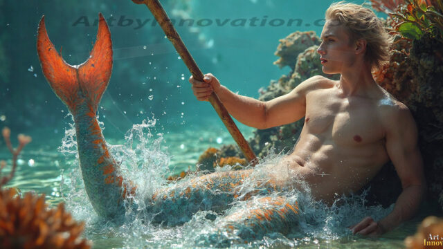 AI-generated HD photos featuring Mermen, The Warriors of the Sea. A collection of over 1,000 AI generated photo images of Mermen Warriors. Shirtless men from all age groups, with slim builds to hot and sexy, muscular body types, and from teenaged boys, to young men, to the handsome Elders. Merman warriors rising from a whirlpool, with a trident in hand, set against a stormy backdrop with dramatic lighting. Vibrant coral reefs, with detailed underwater scenes, highly realistic, with obsidian scales, that shimmer in the sunlight.