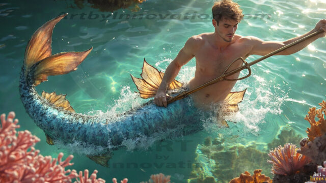 AI-generated HD photos featuring Mermen, The Warriors of the Sea. A collection of over 1,000 AI generated photo images of Mermen Warriors. Shirtless men from all age groups, with slim builds to hot and sexy, muscular body types, and from teenaged boys, to young men, to the handsome Elders. Merman warriors rising from a whirlpool, with a trident in hand, set against a stormy backdrop with dramatic lighting. Vibrant coral reefs, with detailed underwater scenes, highly realistic, with obsidian scales, that shimmer in the sunlight.