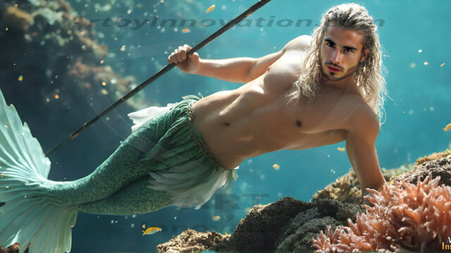 AI-generated HD photos featuring Mermen, The Warriors of the Sea. A collection of over 1,000 AI generated photo images of Mermen Warriors. Shirtless men from all age groups, with slim builds to hot and sexy, muscular body types, and from teenaged boys, to young men, to the handsome Elders. Merman warriors rising from a whirlpool, with a trident in hand, set against a stormy backdrop with dramatic lighting. Vibrant coral reefs, with detailed underwater scenes, highly realistic, with obsidian scales, that shimmer in the sunlight.