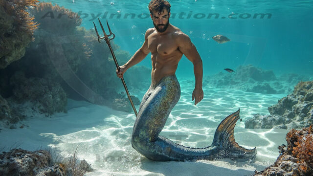 AI-generated HD photos featuring Mermen, The Warriors of the Sea. A collection of over 1,000 AI generated photo images of Mermen Warriors. Shirtless men from all age groups, with slim builds to hot and sexy, muscular body types, and from teenaged boys, to young men, to the handsome Elders. Merman warriors rising from a whirlpool, with a trident in hand, set against a stormy backdrop with dramatic lighting. Vibrant coral reefs, with detailed underwater scenes, highly realistic, with obsidian scales, that shimmer in the sunlight.