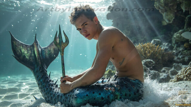 AI-generated HD photos featuring Mermen, The Warriors of the Sea. A collection of over 1,000 AI generated photo images of Mermen Warriors. Shirtless men from all age groups, with slim builds to hot and sexy, muscular body types, and from teenaged boys, to young men, to the handsome Elders. Merman warriors rising from a whirlpool, with a trident in hand, set against a stormy backdrop with dramatic lighting. Vibrant coral reefs, with detailed underwater scenes, highly realistic, with obsidian scales, that shimmer in the sunlight.