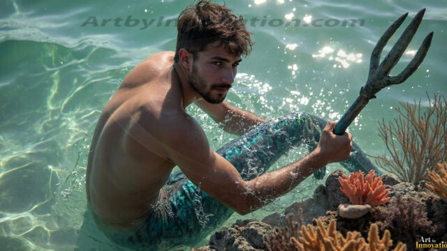 AI-generated HD photos featuring Mermen, The Warriors of the Sea. A collection of over 1,000 AI generated photo images of Mermen Warriors. Shirtless men from all age groups, with slim builds to hot and sexy, muscular body types, and from teenaged boys, to young men, to the handsome Elders. Merman warriors rising from a whirlpool, with a trident in hand, set against a stormy backdrop with dramatic lighting. Vibrant coral reefs, with detailed underwater scenes, highly realistic, with obsidian scales, that shimmer in the sunlight.