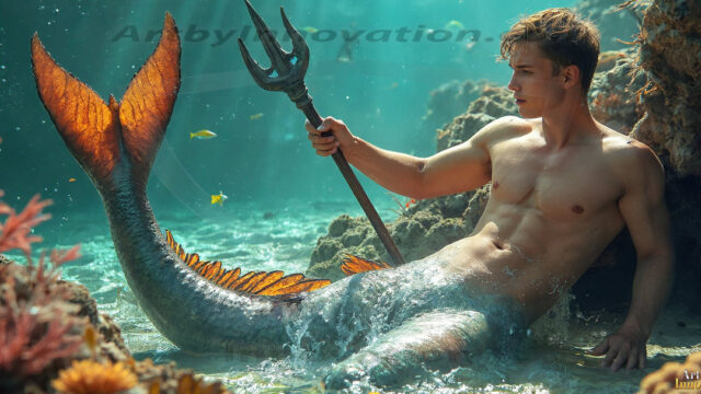 AI-generated HD photos featuring Mermen, The Warriors of the Sea. A collection of over 1,000 AI generated photo images of Mermen Warriors. Shirtless men from all age groups, with slim builds to hot and sexy, muscular body types, and from teenaged boys, to young men, to the handsome Elders. Merman warriors rising from a whirlpool, with a trident in hand, set against a stormy backdrop with dramatic lighting. Vibrant coral reefs, with detailed underwater scenes, highly realistic, with obsidian scales, that shimmer in the sunlight.