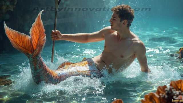 AI-generated HD photos featuring Mermen, The Warriors of the Sea. A collection of over 1,000 AI generated photo images of Mermen Warriors. Shirtless men from all age groups, with slim builds to hot and sexy, muscular body types, and from teenaged boys, to young men, to the handsome Elders. Merman warriors rising from a whirlpool, with a trident in hand, set against a stormy backdrop with dramatic lighting. Vibrant coral reefs, with detailed underwater scenes, highly realistic, with obsidian scales, that shimmer in the sunlight.