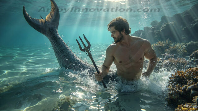 AI-generated HD photos featuring Mermen, The Warriors of the Sea. A collection of over 1,000 AI generated photo images of Mermen Warriors. Shirtless men from all age groups, with slim builds to hot and sexy, muscular body types, and from teenaged boys, to young men, to the handsome Elders. Merman warriors rising from a whirlpool, with a trident in hand, set against a stormy backdrop with dramatic lighting. Vibrant coral reefs, with detailed underwater scenes, highly realistic, with obsidian scales, that shimmer in the sunlight.