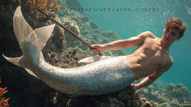 AI-generated HD photos featuring Mermen, The Warriors of the Sea. A collection of over 1,000 AI generated photo images of Mermen Warriors. Shirtless men from all age groups, with slim builds to hot and sexy, muscular body types, and from teenaged boys, to young men, to the handsome Elders. Merman warriors rising from a whirlpool, with a trident in hand, set against a stormy backdrop with dramatic lighting. Vibrant coral reefs, with detailed underwater scenes, highly realistic, with obsidian scales, that shimmer in the sunlight.