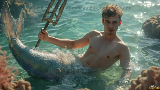 AI-generated HD photos featuring Mermen, The Warriors of the Sea. A collection of over 1,000 AI generated photo images of Mermen Warriors. Shirtless men from all age groups, with slim builds to hot and sexy, muscular body types, and from teenaged boys, to young men, to the handsome Elders. Merman warriors rising from a whirlpool, with a trident in hand, set against a stormy backdrop with dramatic lighting. Vibrant coral reefs, with detailed underwater scenes, highly realistic, with obsidian scales, that shimmer in the sunlight.