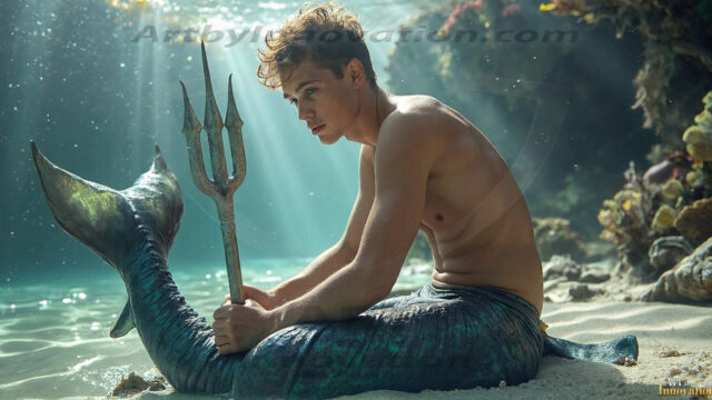 AI-generated HD photos featuring Mermen, The Warriors of the Sea. A collection of over 1,000 AI generated photo images of Mermen Warriors. Shirtless men from all age groups, with slim builds to hot and sexy, muscular body types, and from teenaged boys, to young men, to the handsome Elders. Merman warriors rising from a whirlpool, with a trident in hand, set against a stormy backdrop with dramatic lighting. Vibrant coral reefs, with detailed underwater scenes, highly realistic, with obsidian scales, that shimmer in the sunlight.