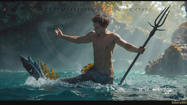 AI-generated HD photos featuring Mermen, The Warriors of the Sea. A collection of over 1,000 AI generated photo images of Mermen Warriors. Shirtless men from all age groups, with slim builds to hot and sexy, muscular body types, and from teenaged boys, to young men, to the handsome Elders. Merman warriors rising from a whirlpool, with a trident in hand, set against a stormy backdrop with dramatic lighting. Vibrant coral reefs, with detailed underwater scenes, highly realistic, with obsidian scales, that shimmer in the sunlight.