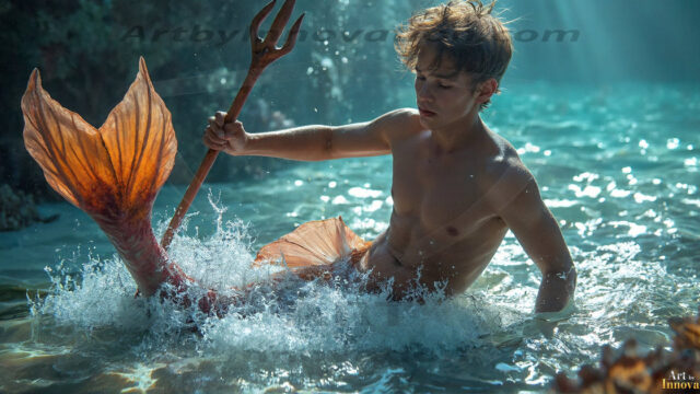 AI-generated HD photos featuring Mermen, The Warriors of the Sea. A collection of over 1,000 AI generated photo images of Mermen Warriors. Shirtless men from all age groups, with slim builds to hot and sexy, muscular body types, and from teenaged boys, to young men, to the handsome Elders. Merman warriors rising from a whirlpool, with a trident in hand, set against a stormy backdrop with dramatic lighting. Vibrant coral reefs, with detailed underwater scenes, highly realistic, with obsidian scales, that shimmer in the sunlight.