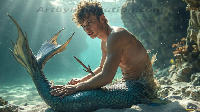 AI-generated HD photos featuring Mermen, The Warriors of the Sea. A collection of over 1,000 AI generated photo images of Mermen Warriors. Shirtless men from all age groups, with slim builds to hot and sexy, muscular body types, and from teenaged boys, to young men, to the handsome Elders. Merman warriors rising from a whirlpool, with a trident in hand, set against a stormy backdrop with dramatic lighting. Vibrant coral reefs, with detailed underwater scenes, highly realistic, with obsidian scales, that shimmer in the sunlight.