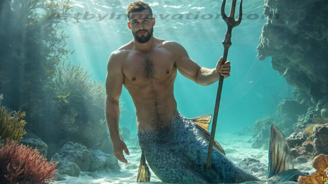 AI-generated HD photos featuring Mermen, The Warriors of the Sea. A collection of over 1,000 AI generated photo images of Mermen Warriors. Shirtless men from all age groups, with slim builds to hot and sexy, muscular body types, and from teenaged boys, to young men, to the handsome Elders. Merman warriors rising from a whirlpool, with a trident in hand, set against a stormy backdrop with dramatic lighting. Vibrant coral reefs, with detailed underwater scenes, highly realistic, with obsidian scales, that shimmer in the sunlight.