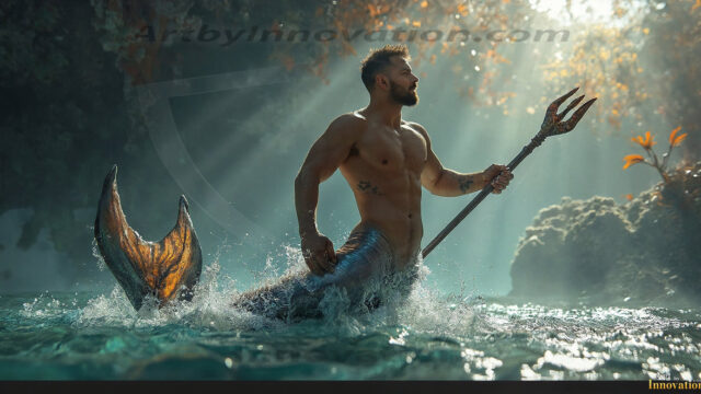 AI-generated HD photos featuring Mermen, The Warriors of the Sea. A collection of over 1,000 AI generated photo images of Mermen Warriors. Shirtless men from all age groups, with slim builds to hot and sexy, muscular body types, and from teenaged boys, to young men, to the handsome Elders. Merman warriors rising from a whirlpool, with a trident in hand, set against a stormy backdrop with dramatic lighting. Vibrant coral reefs, with detailed underwater scenes, highly realistic, with obsidian scales, that shimmer in the sunlight.