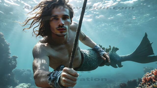 AI-generated HD photos featuring Mermen, The Warriors of the Sea. A collection of over 1,000 AI generated photo images of Mermen Warriors. Shirtless men from all age groups, with slim builds to hot and sexy, muscular body types, and from teenaged boys, to young men, to the handsome Elders. Merman warriors rising from a whirlpool, with a trident in hand, set against a stormy backdrop with dramatic lighting. Vibrant coral reefs, with detailed underwater scenes, highly realistic, with obsidian scales, that shimmer in the sunlight.