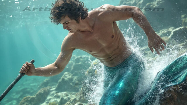 AI-generated HD photos featuring Mermen, The Warriors of the Sea. A collection of over 1,000 AI generated photo images of Mermen Warriors. Shirtless men from all age groups, with slim builds to hot and sexy, muscular body types, and from teenaged boys, to young men, to the handsome Elders. Merman warriors rising from a whirlpool, with a trident in hand, set against a stormy backdrop with dramatic lighting. Vibrant coral reefs, with detailed underwater scenes, highly realistic, with obsidian scales, that shimmer in the sunlight.