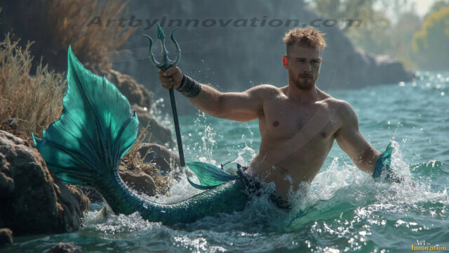 AI-generated HD photos featuring Mermen, The Warriors of the Sea. A collection of over 1,000 AI generated photo images of Mermen Warriors. Shirtless men from all age groups, with slim builds to hot and sexy, muscular body types, and from teenaged boys, to young men, to the handsome Elders. Merman warriors rising from a whirlpool, with a trident in hand, set against a stormy backdrop with dramatic lighting. Vibrant coral reefs, with detailed underwater scenes, highly realistic, with obsidian scales, that shimmer in the sunlight.