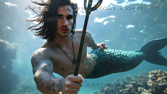 AI-generated HD photos featuring Mermen, The Warriors of the Sea. A collection of over 1,000 AI generated photo images of Mermen Warriors. Shirtless men from all age groups, with slim builds to hot and sexy, muscular body types, and from teenaged boys, to young men, to the handsome Elders. Merman warriors rising from a whirlpool, with a trident in hand, set against a stormy backdrop with dramatic lighting. Vibrant coral reefs, with detailed underwater scenes, highly realistic, with obsidian scales, that shimmer in the sunlight.