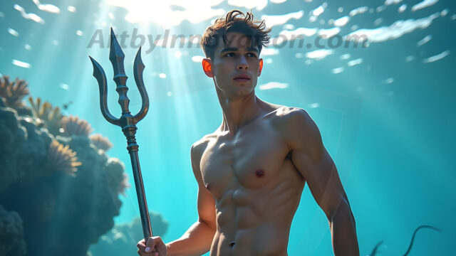 AI-generated HD photos featuring Mermen, The Warriors of the Sea. A collection of over 1,000 AI generated photo images of Mermen Warriors. Shirtless men from all age groups, with slim builds to hot and sexy, muscular body types, and from teenaged boys, to young men, to the handsome Elders. Merman warriors rising from a whirlpool, with a trident in hand, set against a stormy backdrop with dramatic lighting. Vibrant coral reefs, with detailed underwater scenes, highly realistic, with obsidian scales, that shimmer in the sunlight.