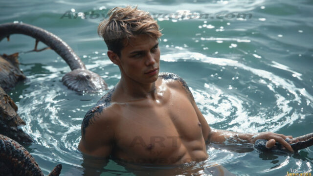 AI-generated HD photos featuring Mermen, The Warriors of the Sea. A collection of over 1,000 AI generated photo images of Mermen Warriors. Shirtless men from all age groups, with slim builds to hot and sexy, muscular body types, and from teenaged boys, to young men, to the handsome Elders. Merman warriors rising from a whirlpool, with a trident in hand, set against a stormy backdrop with dramatic lighting. Vibrant coral reefs, with detailed underwater scenes, highly realistic, with obsidian scales, that shimmer in the sunlight.