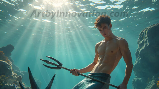 AI-generated HD photos featuring Mermen, The Warriors of the Sea. A collection of over 1,000 AI generated photo images of Mermen Warriors. Shirtless men from all age groups, with slim builds to hot and sexy, muscular body types, and from teenaged boys, to young men, to the handsome Elders. Merman warriors rising from a whirlpool, with a trident in hand, set against a stormy backdrop with dramatic lighting. Vibrant coral reefs, with detailed underwater scenes, highly realistic, with obsidian scales, that shimmer in the sunlight.
