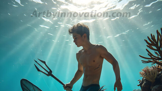 AI-generated HD photos featuring Mermen, The Warriors of the Sea. A collection of over 1,000 AI generated photo images of Mermen Warriors. Shirtless men from all age groups, with slim builds to hot and sexy, muscular body types, and from teenaged boys, to young men, to the handsome Elders. Merman warriors rising from a whirlpool, with a trident in hand, set against a stormy backdrop with dramatic lighting. Vibrant coral reefs, with detailed underwater scenes, highly realistic, with obsidian scales, that shimmer in the sunlight.