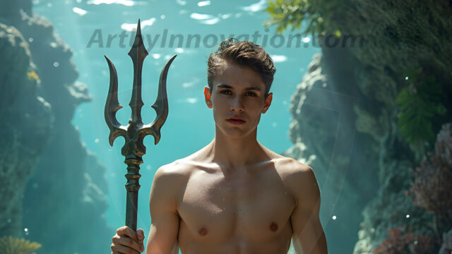 AI-generated HD photos featuring Mermen, The Warriors of the Sea. A collection of over 1,000 AI generated photo images of Mermen Warriors. Shirtless men from all age groups, with slim builds to hot and sexy, muscular body types, and from teenaged boys, to young men, to the handsome Elders. Merman warriors rising from a whirlpool, with a trident in hand, set against a stormy backdrop with dramatic lighting. Vibrant coral reefs, with detailed underwater scenes, highly realistic, with obsidian scales, that shimmer in the sunlight.